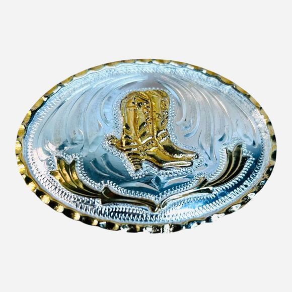 Vintage Alpaca Mexico Silver Two Tone Cowboy Boots Belt Buckle - Picture 1 of 4